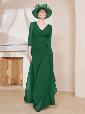 3/4-Length Sleeves V-neck Pleated Long Dress Dark Green