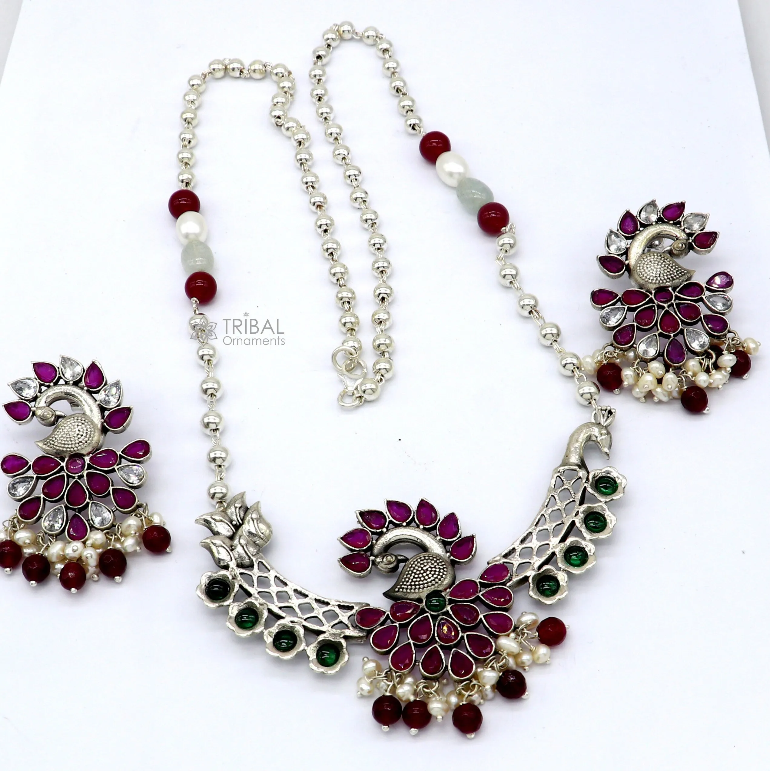 925 sterling silver handmade traditional trendy peacock pendant long beaded necklace, best brides belly dance Guttapusalu necklace set664