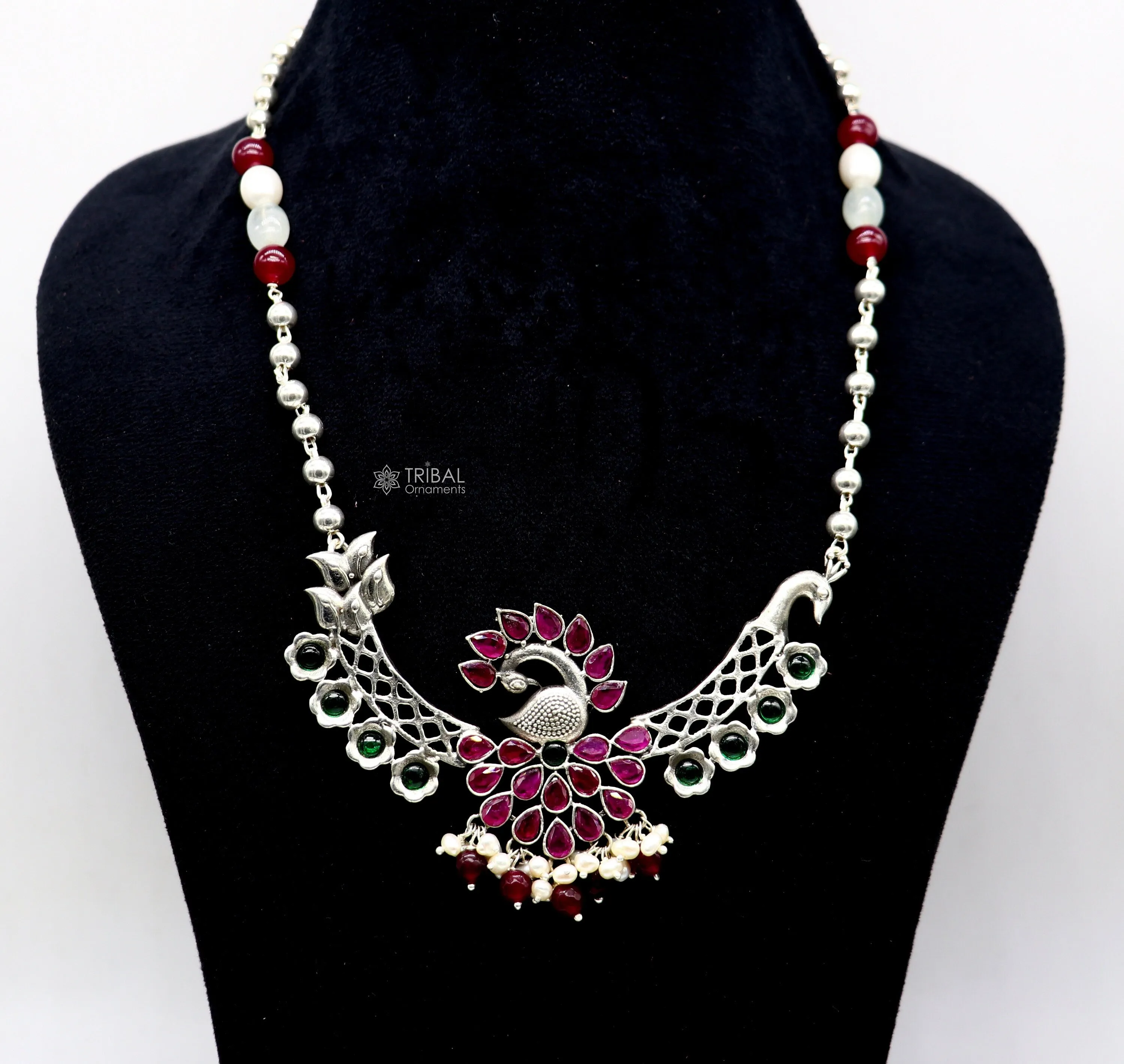 925 sterling silver handmade traditional trendy peacock pendant long beaded necklace, best brides belly dance Guttapusalu necklace set664