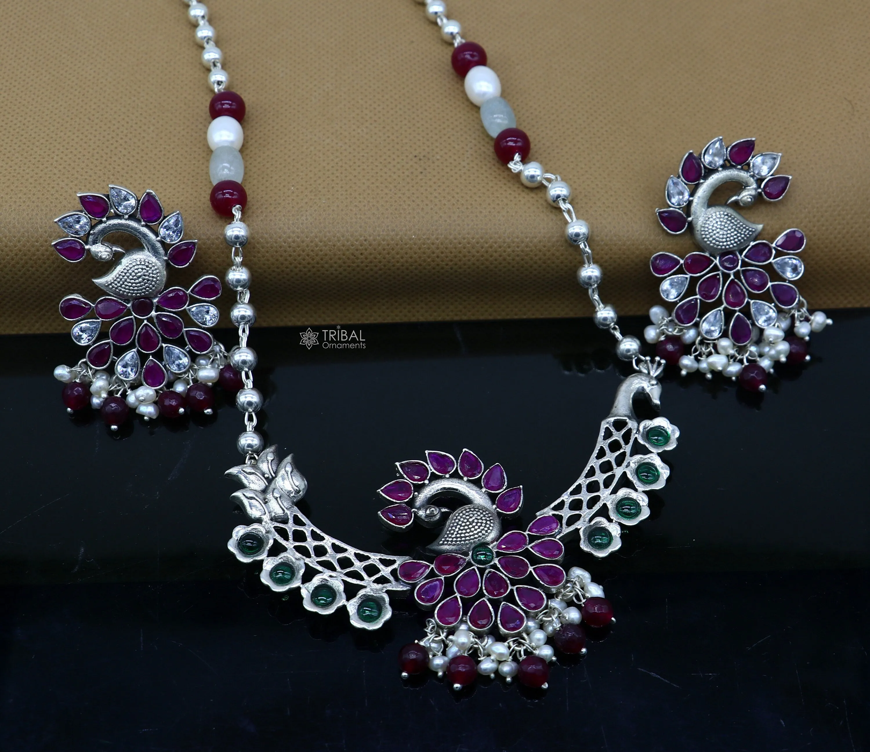 925 sterling silver handmade traditional trendy peacock pendant long beaded necklace, best brides belly dance Guttapusalu necklace set664