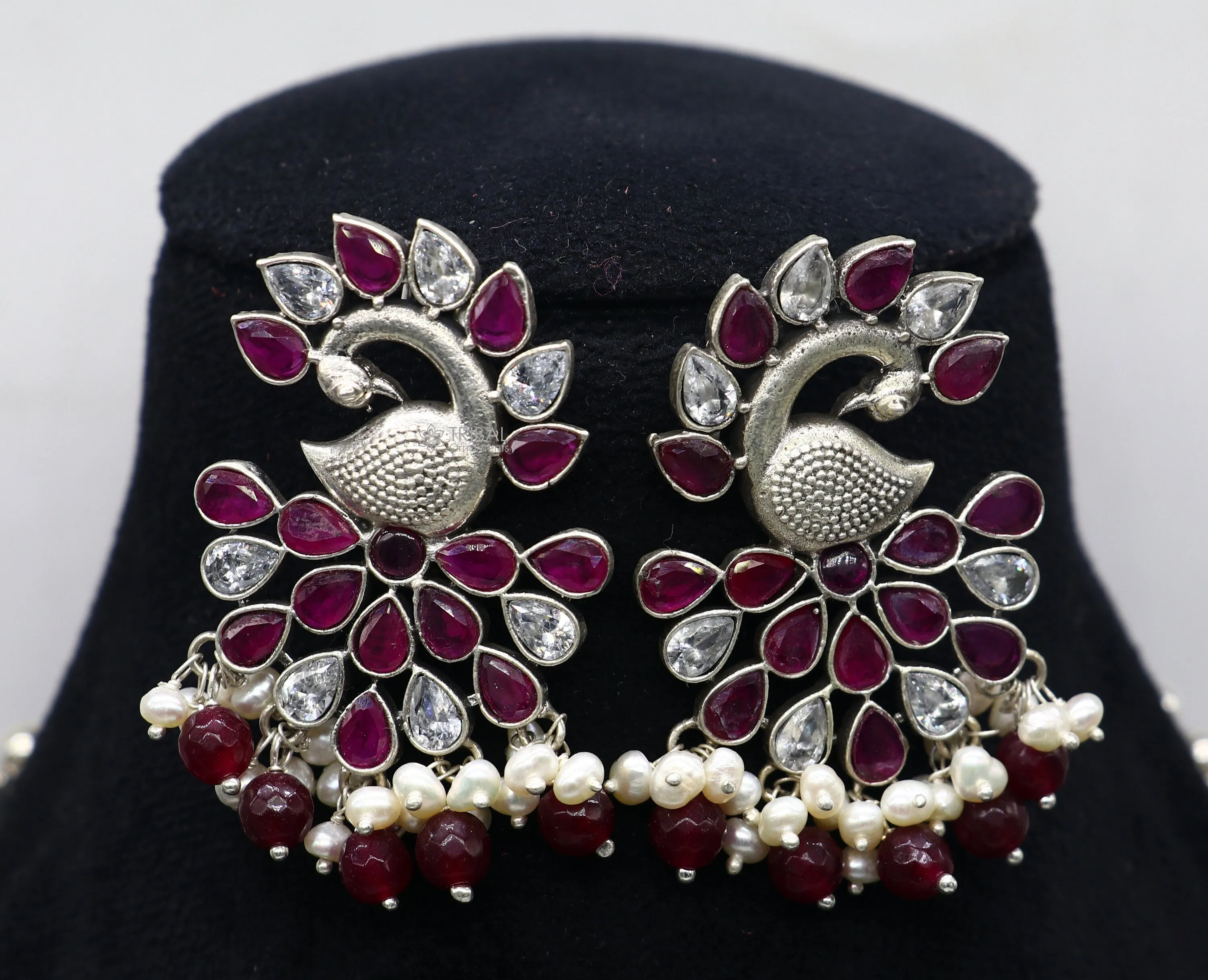 925 sterling silver handmade traditional trendy peacock pendant long beaded necklace, best brides belly dance Guttapusalu necklace set664