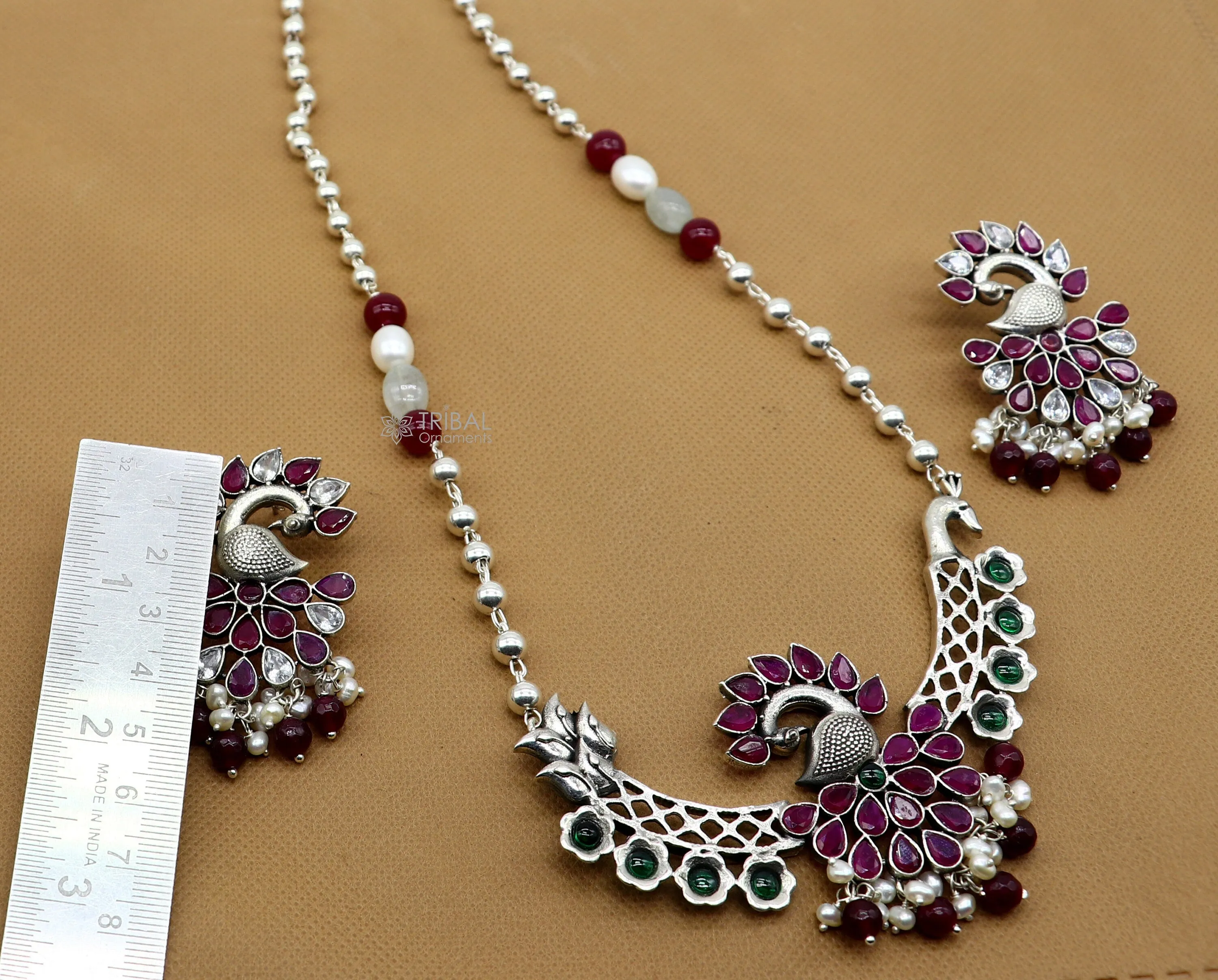 925 sterling silver handmade traditional trendy peacock pendant long beaded necklace, best brides belly dance Guttapusalu necklace set664
