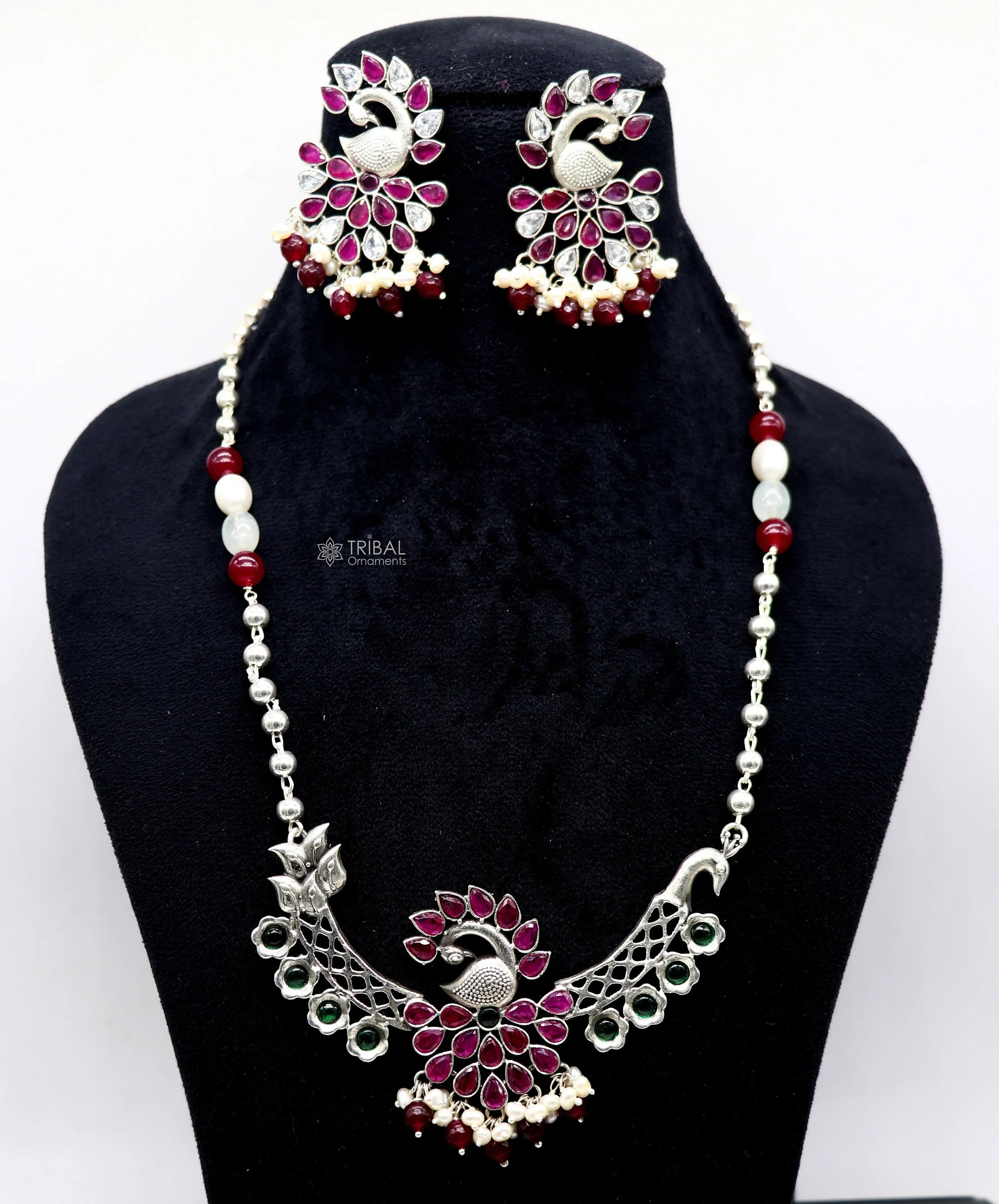 925 sterling silver handmade traditional trendy peacock pendant long beaded necklace, best brides belly dance Guttapusalu necklace set664
