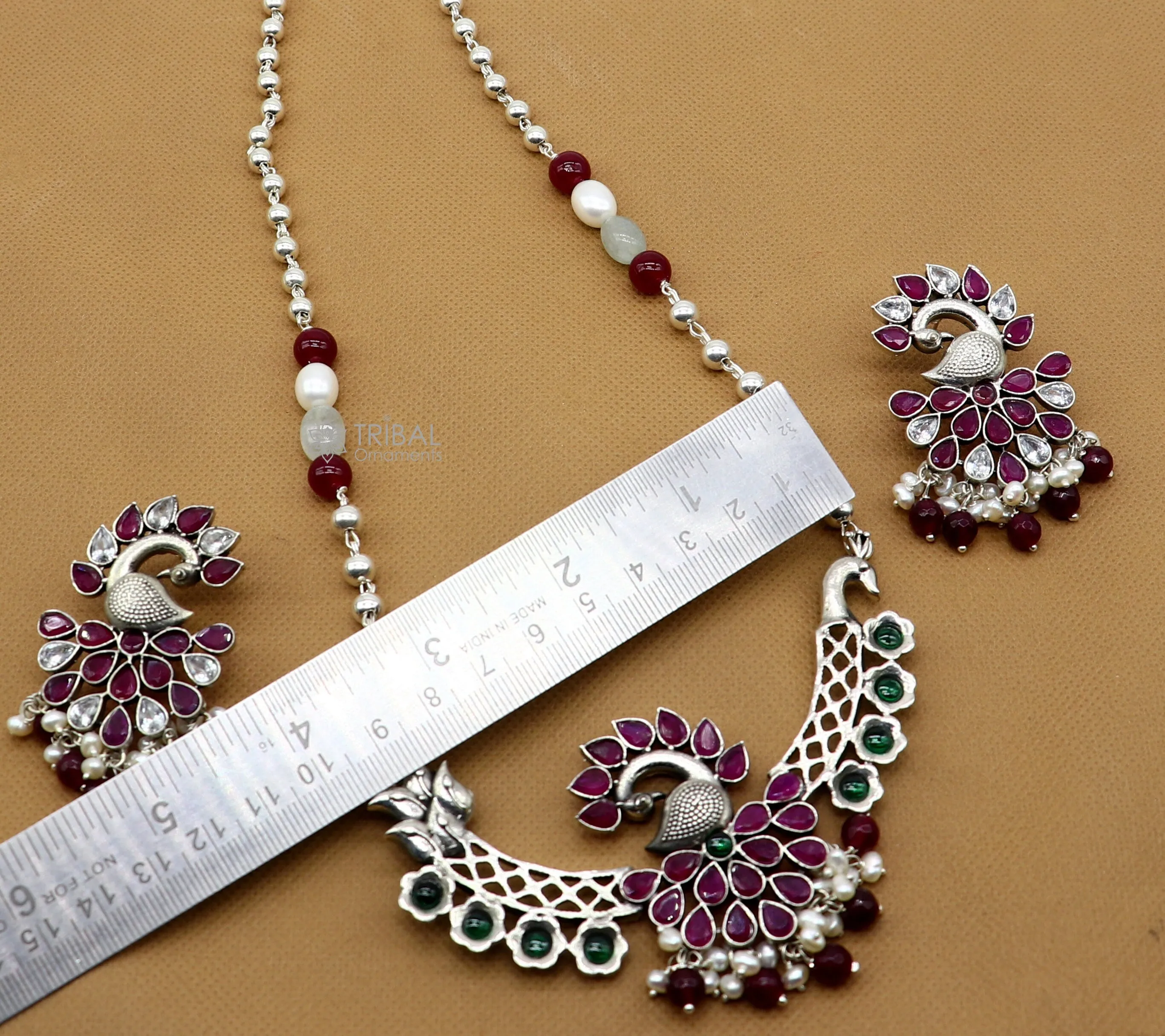 925 sterling silver handmade traditional trendy peacock pendant long beaded necklace, best brides belly dance Guttapusalu necklace set664