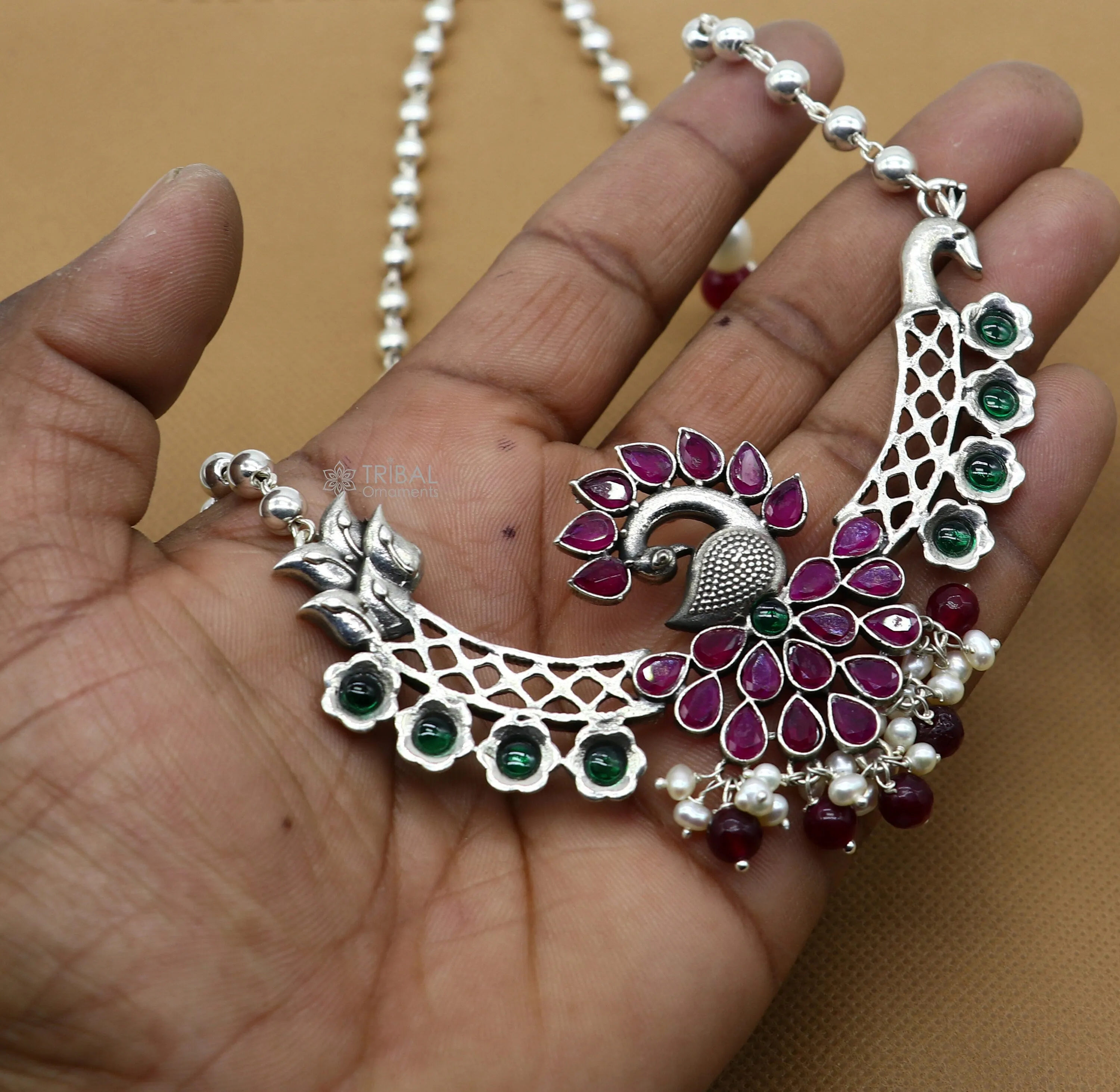 925 sterling silver handmade traditional trendy peacock pendant long beaded necklace, best brides belly dance Guttapusalu necklace set664
