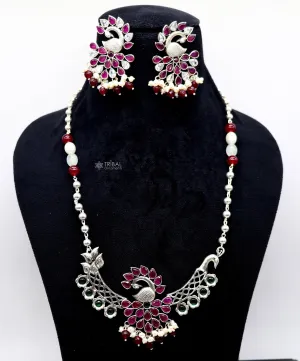 925 sterling silver handmade traditional trendy peacock pendant long beaded necklace, best brides belly dance Guttapusalu necklace set664