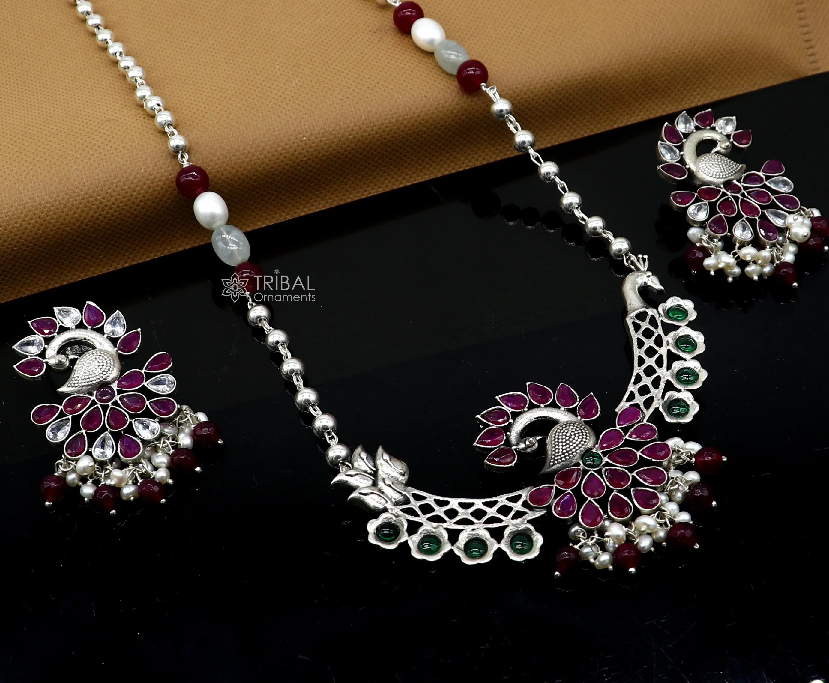 925 sterling silver handmade traditional trendy peacock pendant long beaded necklace, best brides belly dance Guttapusalu necklace set664