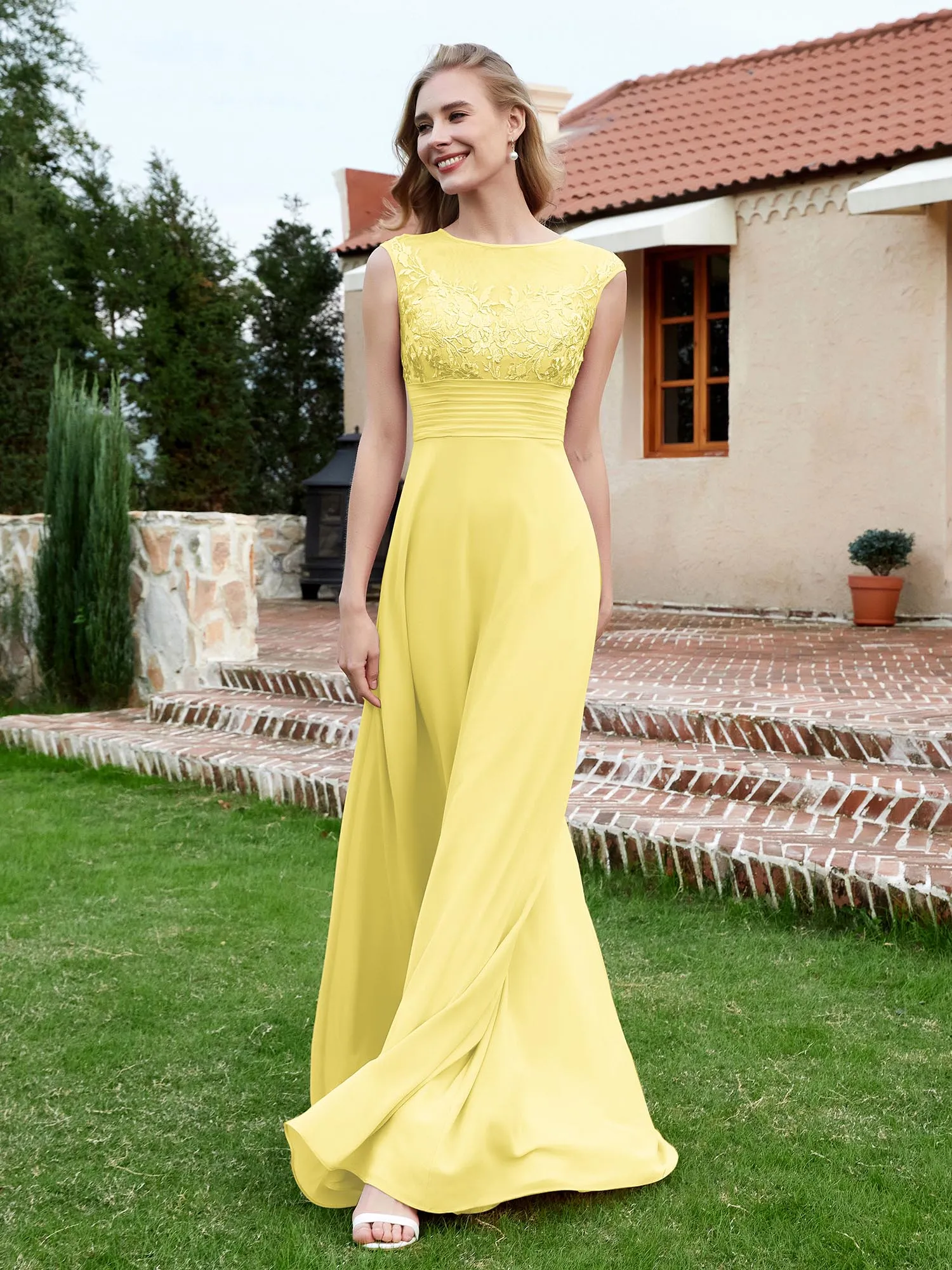 A-Line Chiffon Dress with Illusion Neckline Daffodil