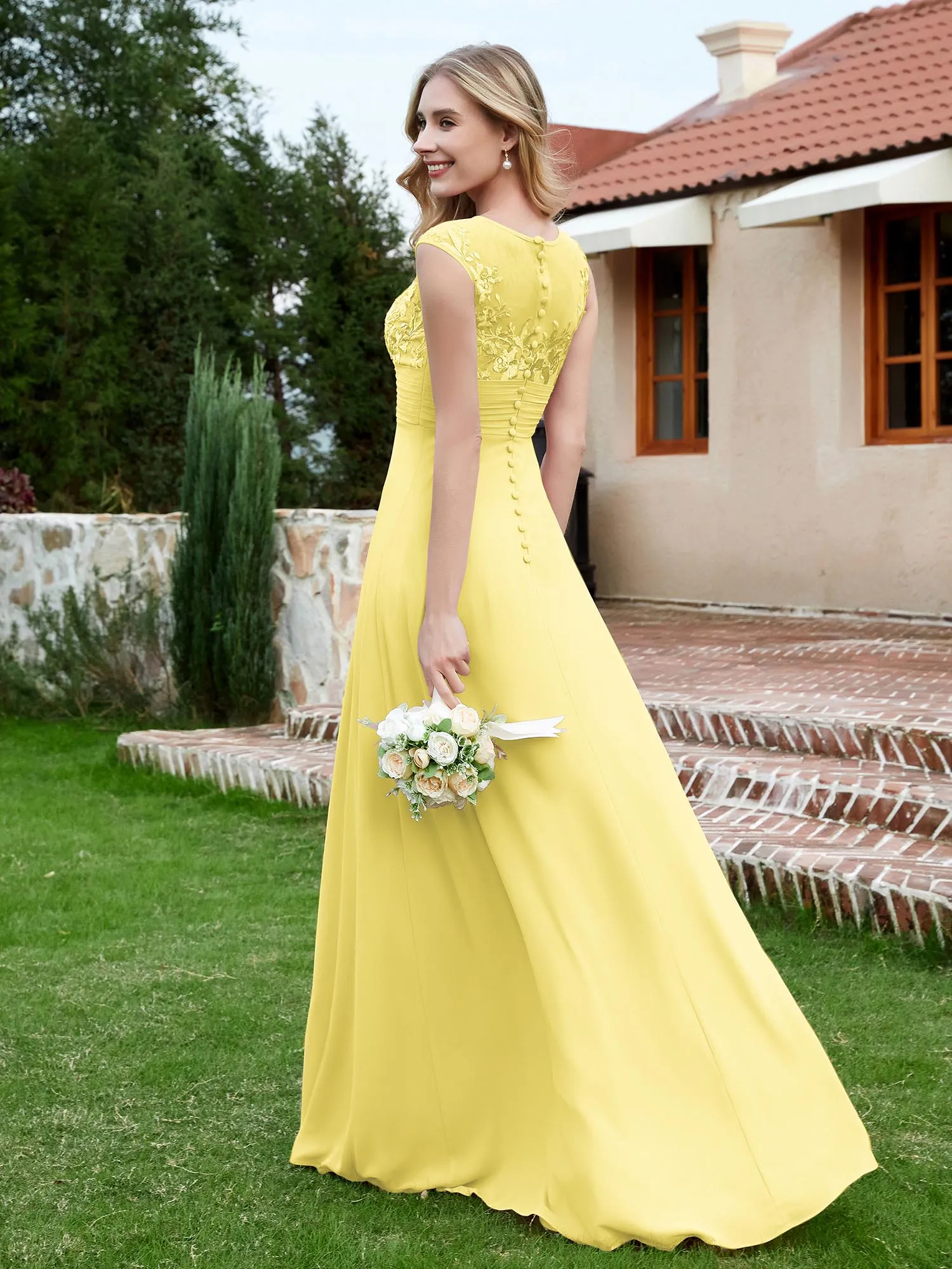 A-Line Chiffon Dress with Illusion Neckline Daffodil