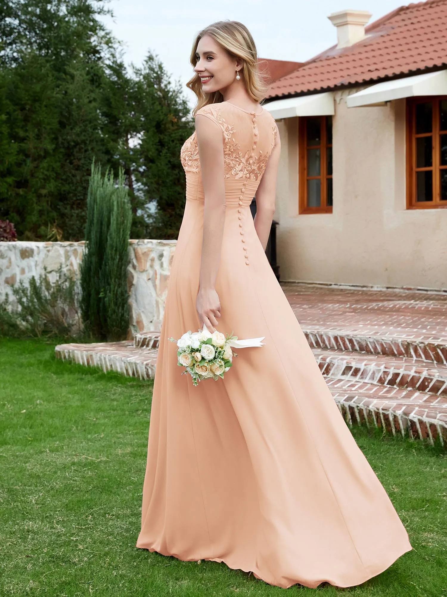 A-Line Chiffon Dress with Illusion Neckline Pearl Pink Plus Size