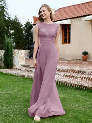 A-Line Chiffon Dress with Illusion Neckline Wisteria