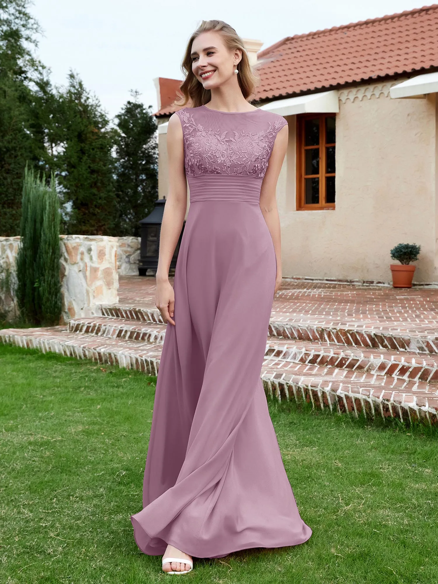 A-Line Chiffon Dress with Illusion Neckline Wisteria
