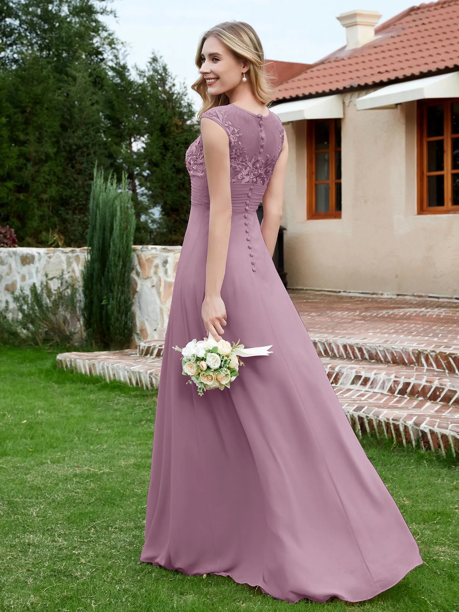 A-Line Chiffon Dress with Illusion Neckline Wisteria