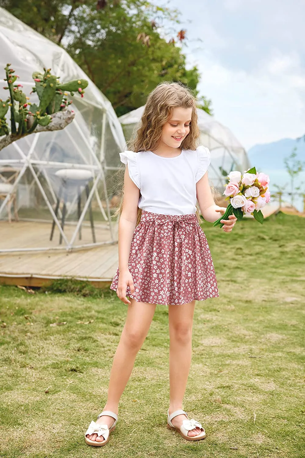 Arshiner Girls Skirt High Waisted Floral Ruffle Swing A Line Short Skirt with Belt
