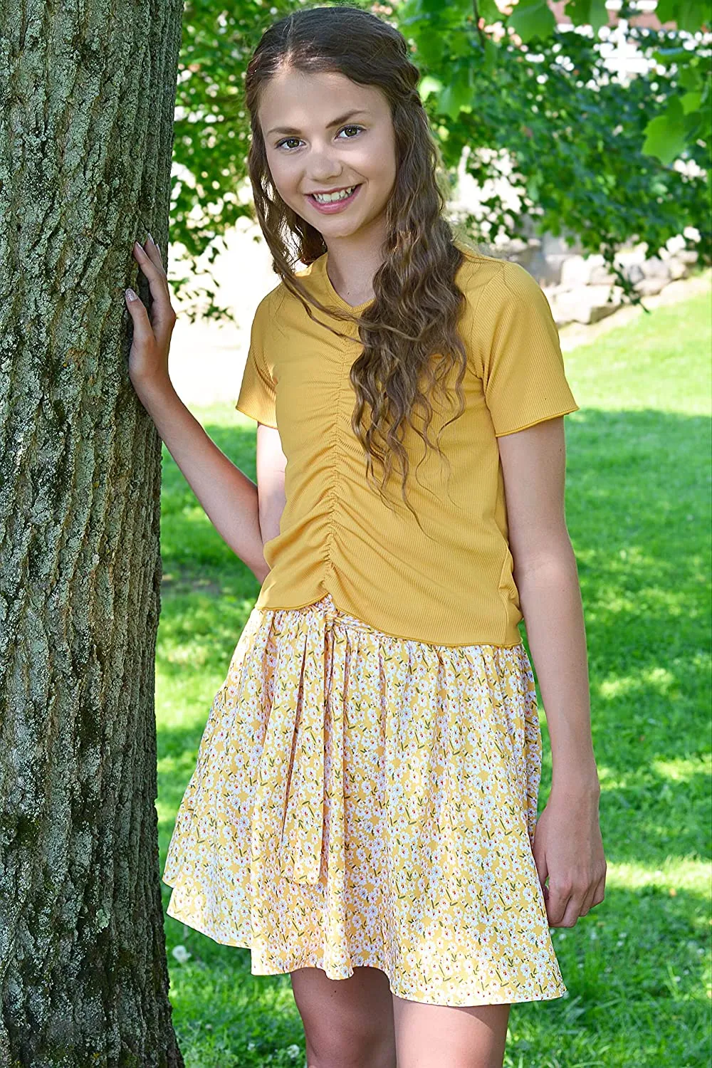 Arshiner Girls Skirt High Waisted Floral Ruffle Swing A Line Short Skirt with Belt