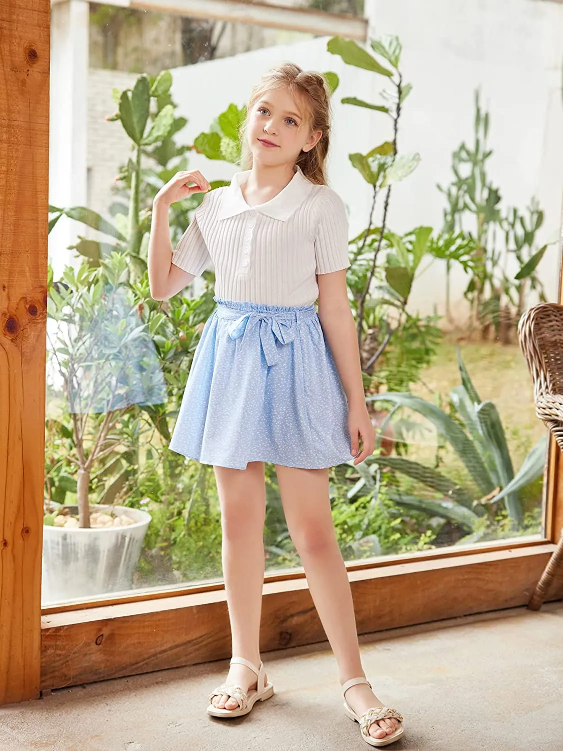 Arshiner Girls Skirt High Waisted Floral Ruffle Swing A Line Short Skirt with Belt