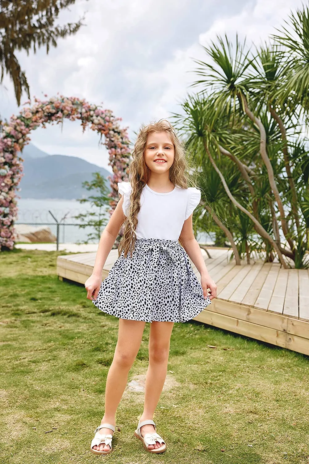 Arshiner Girls Skirt High Waisted Floral Ruffle Swing A Line Short Skirt with Belt