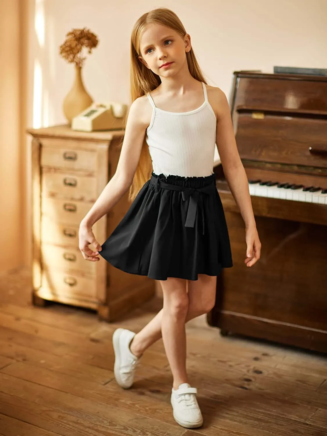 Arshiner Girls Skirt High Waisted Floral Ruffle Swing A Line Short Skirt with Belt