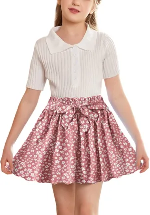 Arshiner Girls Skirt High Waisted Floral Ruffle Swing A Line Short Skirt with Belt