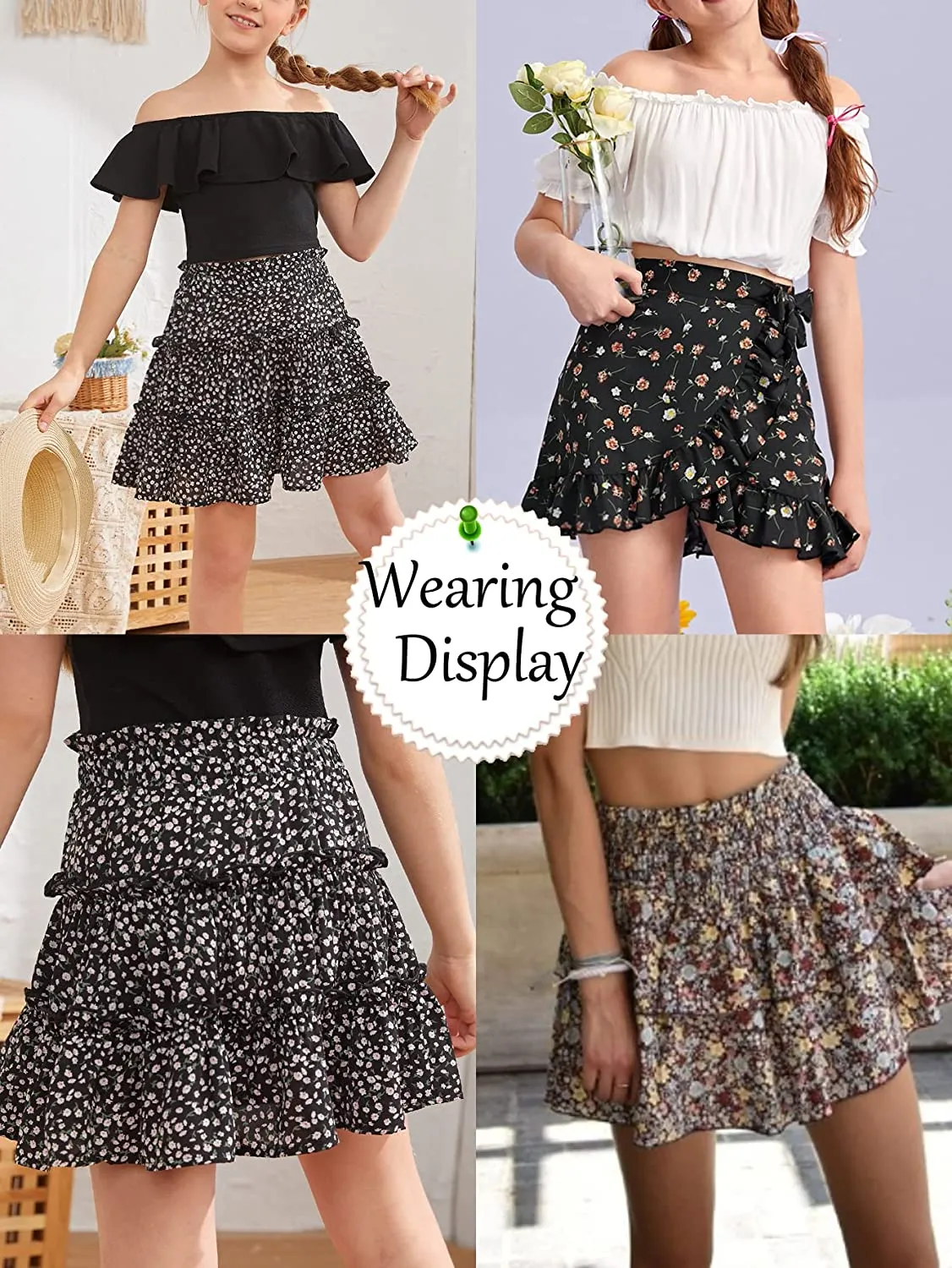 Arshiner Girls Skirt High Waisted Floral Ruffle Swing A Line Short Skirt with Belt