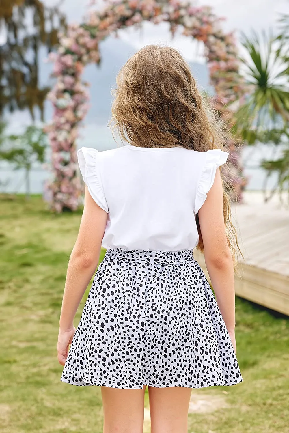 Arshiner Girls Skirt High Waisted Floral Ruffle Swing A Line Short Skirt with Belt