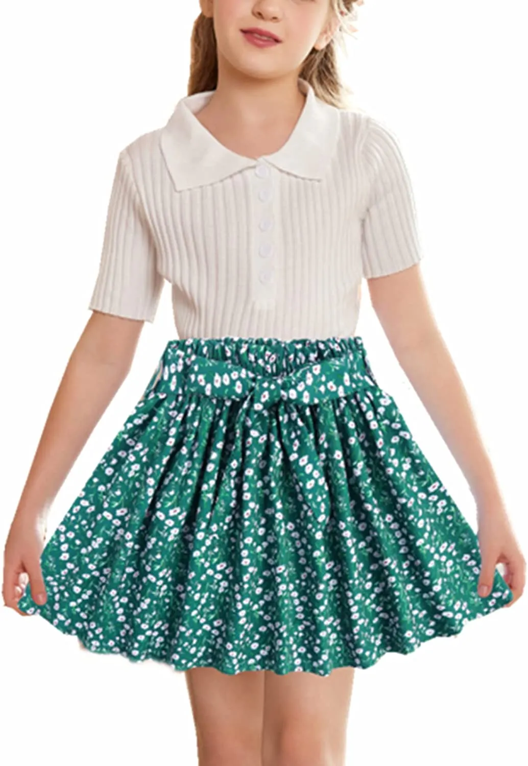 Arshiner Girls Skirt High Waisted Floral Ruffle Swing A Line Short Skirt with Belt