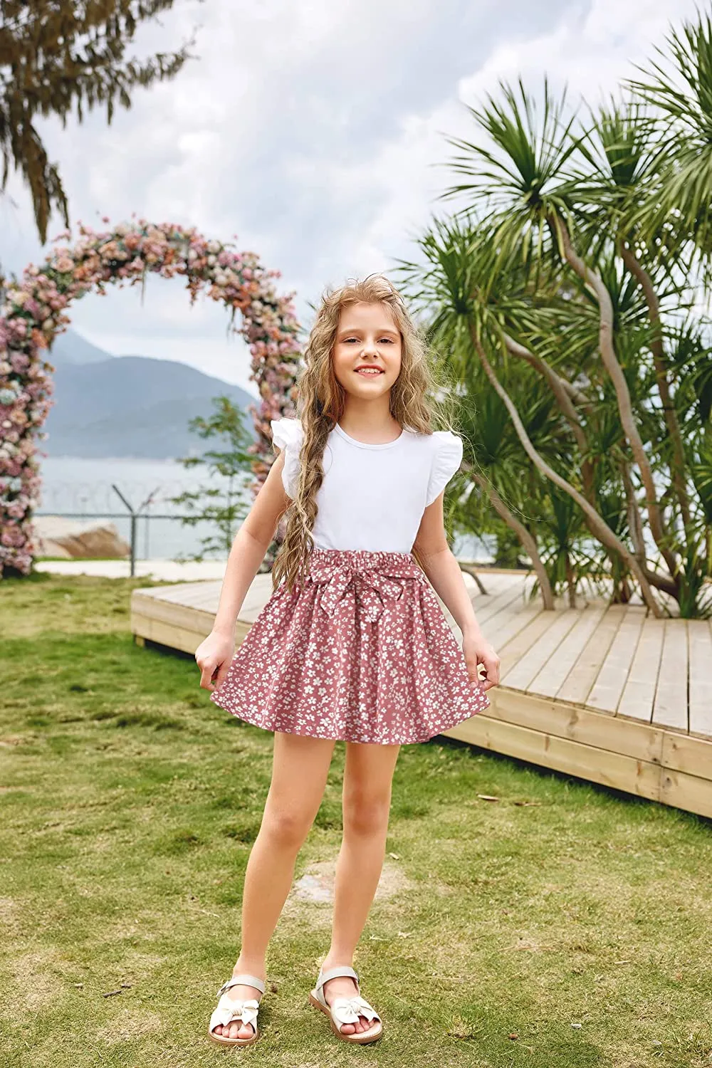 Arshiner Girls Skirt High Waisted Floral Ruffle Swing A Line Short Skirt with Belt