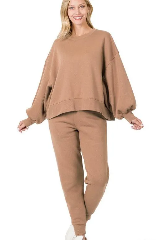Balloon Sleeve Sweatshirt & Sweatpants Lounge Set