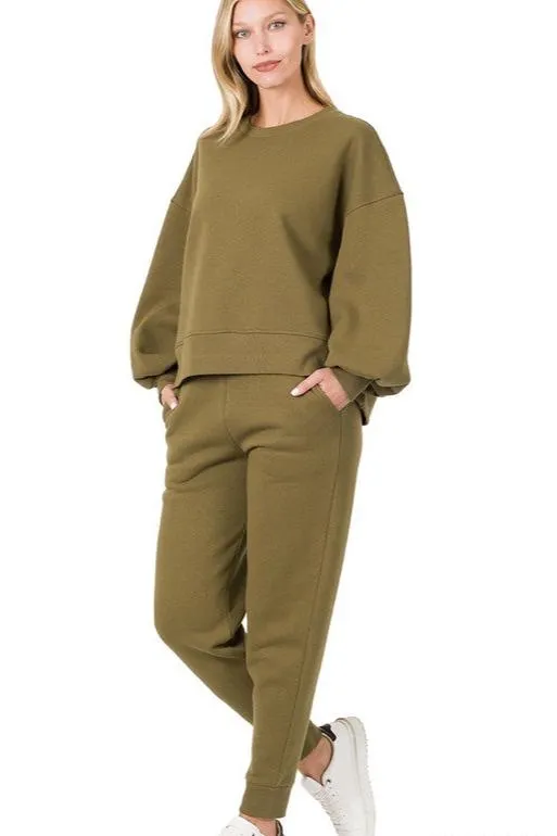 Balloon Sleeve Sweatshirt & Sweatpants Lounge Set