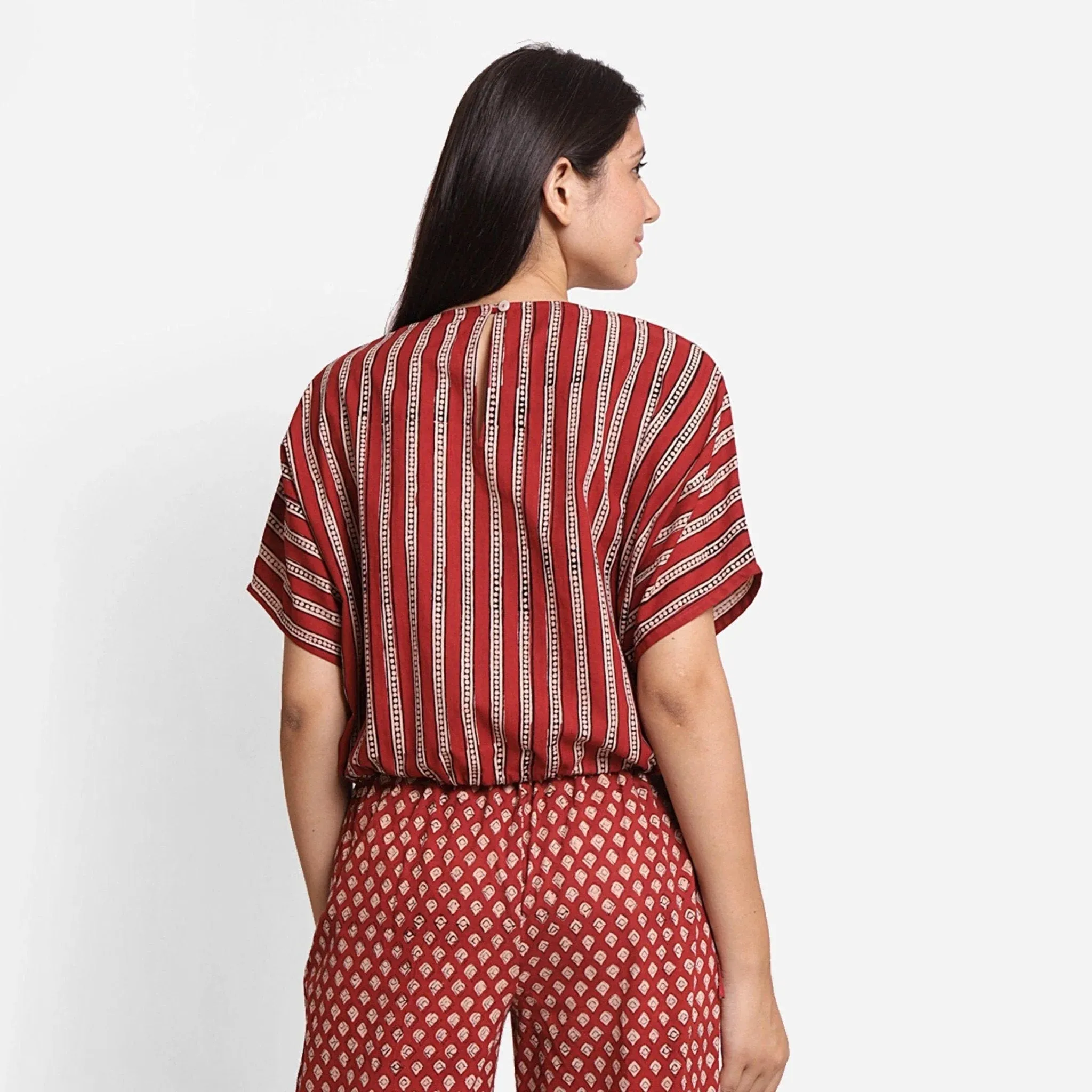 Brick Red Stripes Block Printed Cotton Crop Top