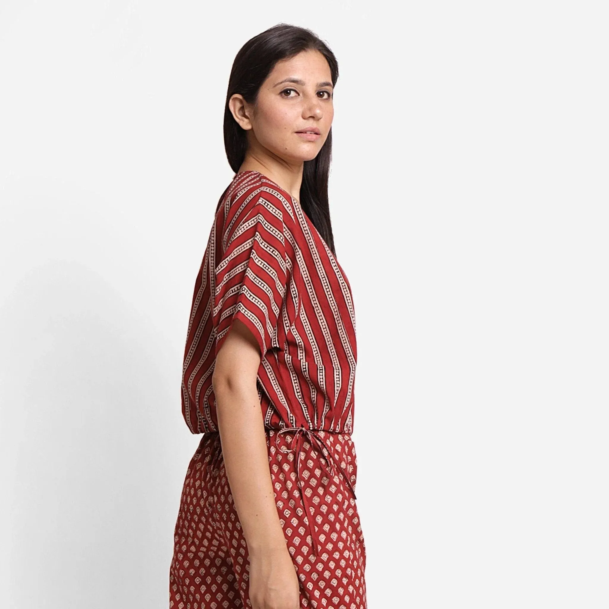 Brick Red Stripes Block Printed Cotton Crop Top