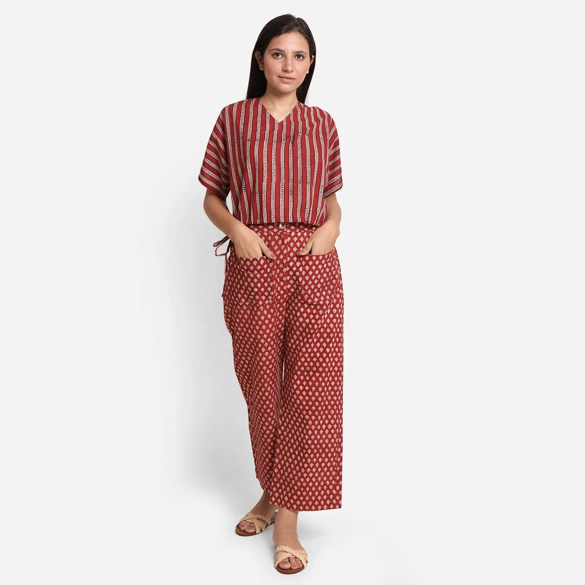 Brick Red Stripes Block Printed Cotton Crop Top