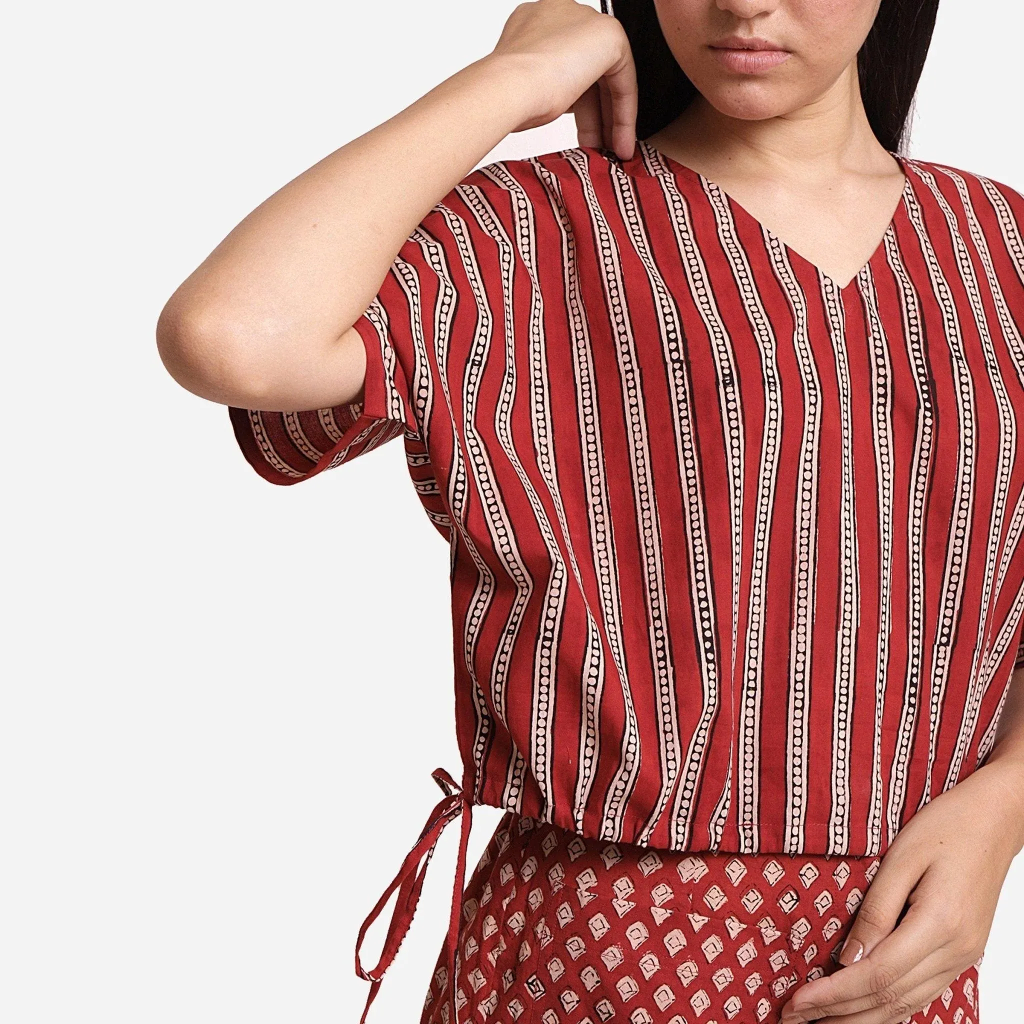 Brick Red Stripes Block Printed Cotton Crop Top
