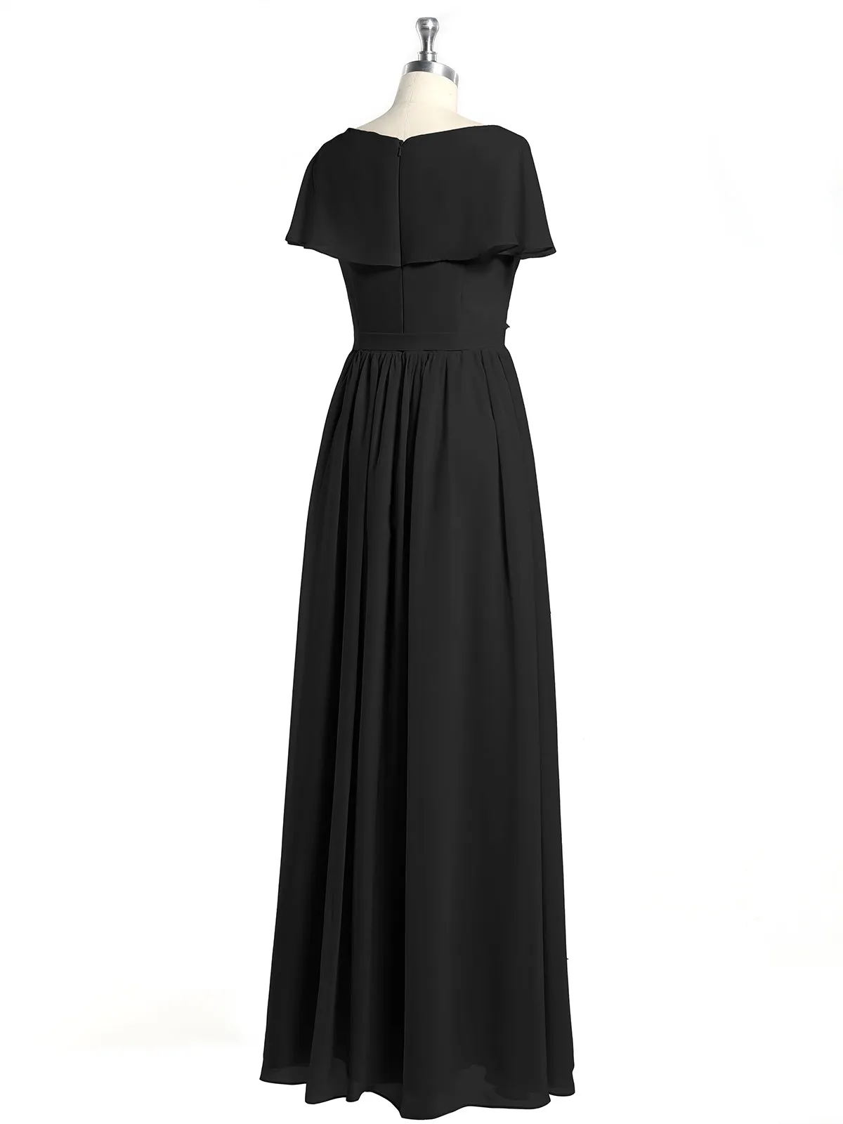 Cap Sleeves Long Chiffon Dresses with Slit-Black