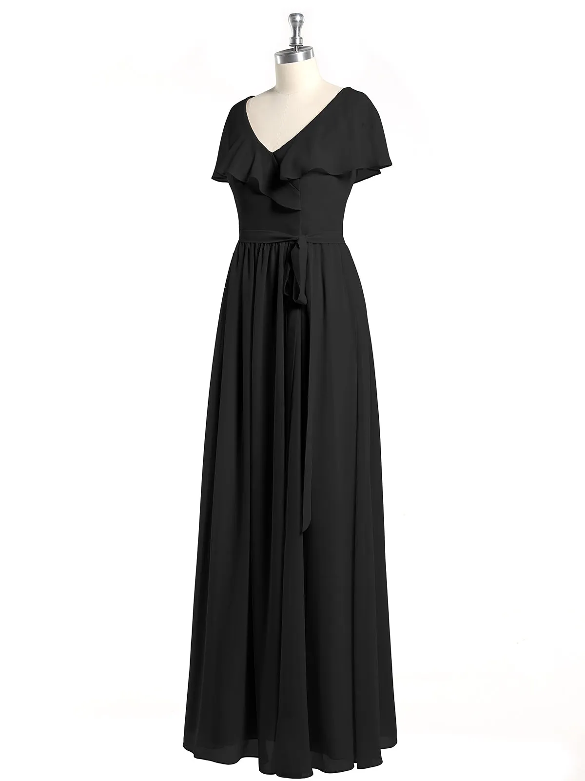 Cap Sleeves Long Chiffon Dresses with Slit-Black