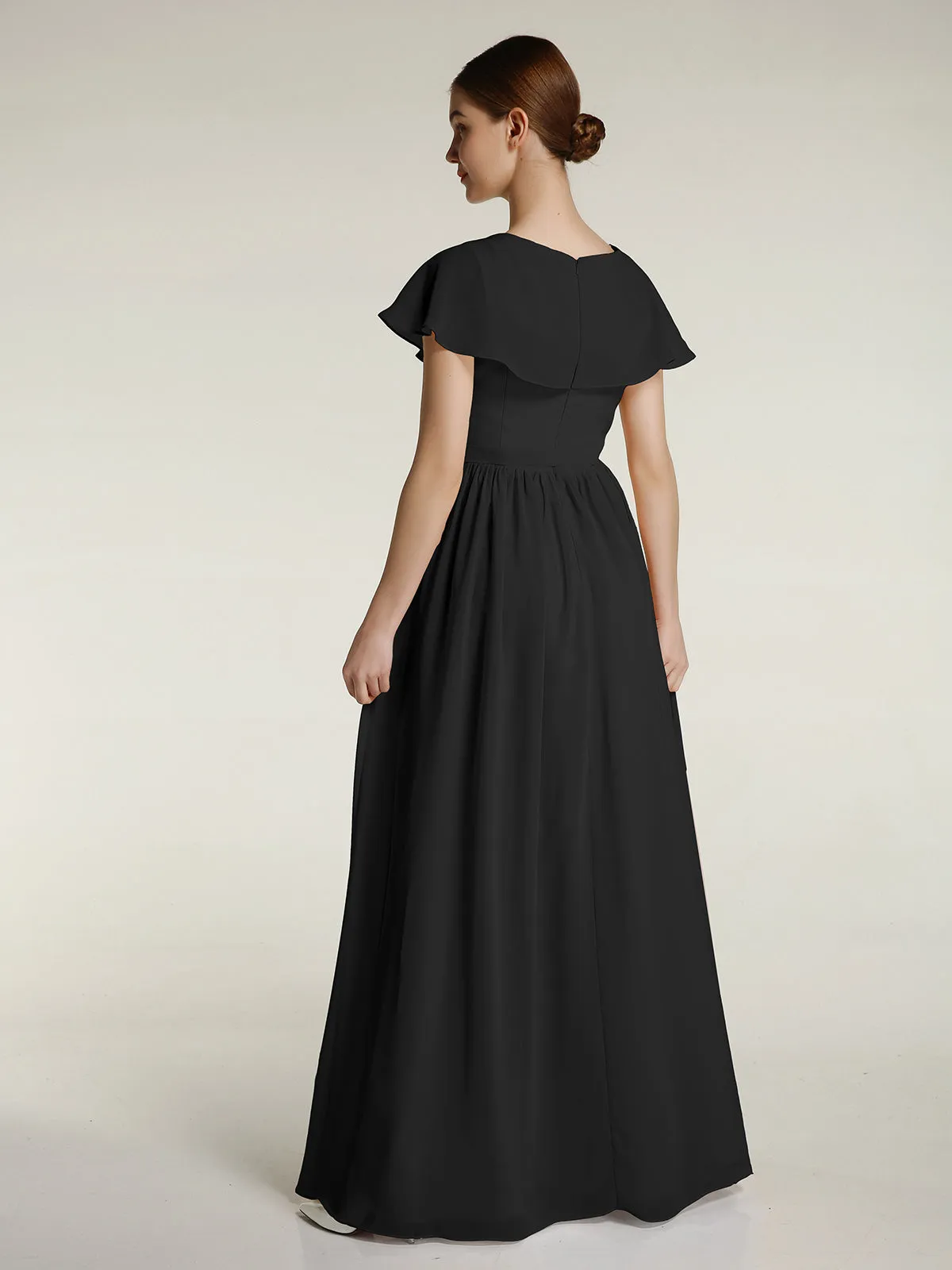 Cap Sleeves Long Chiffon Dresses with Slit-Black