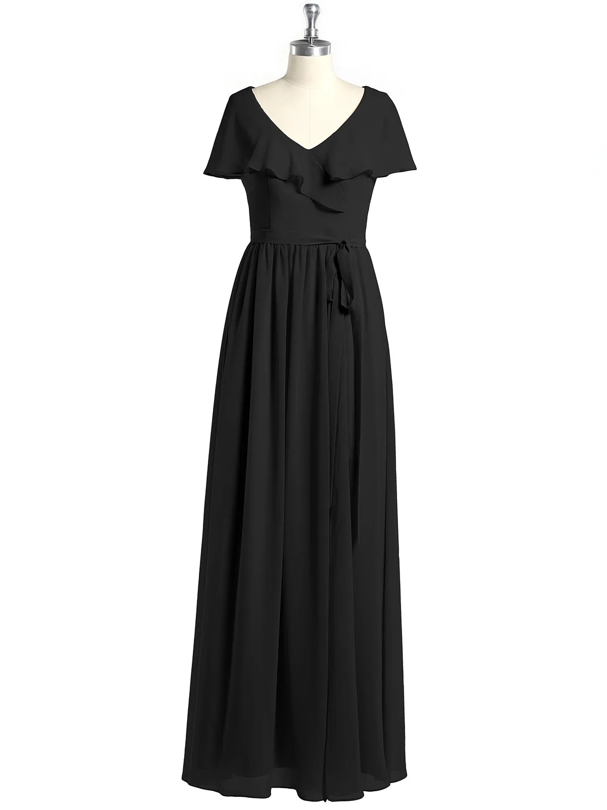Cap Sleeves Long Chiffon Dresses with Slit-Black