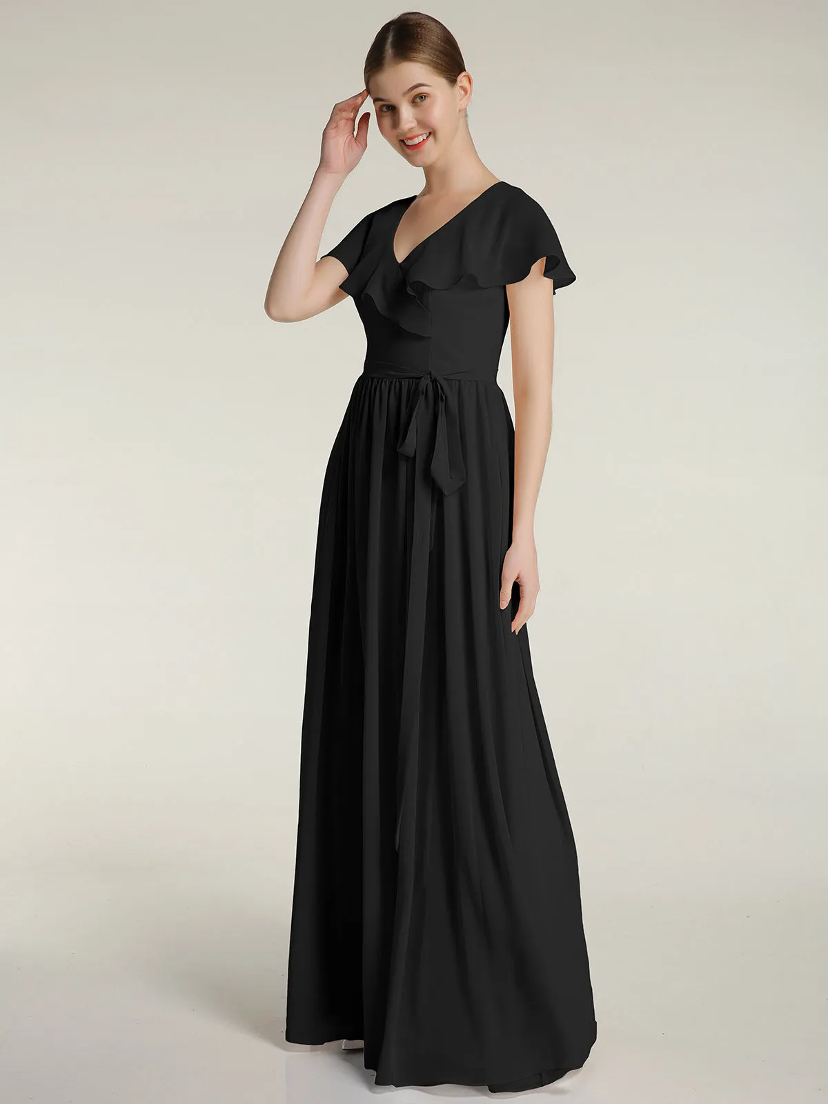 Cap Sleeves Long Chiffon Dresses with Slit-Black