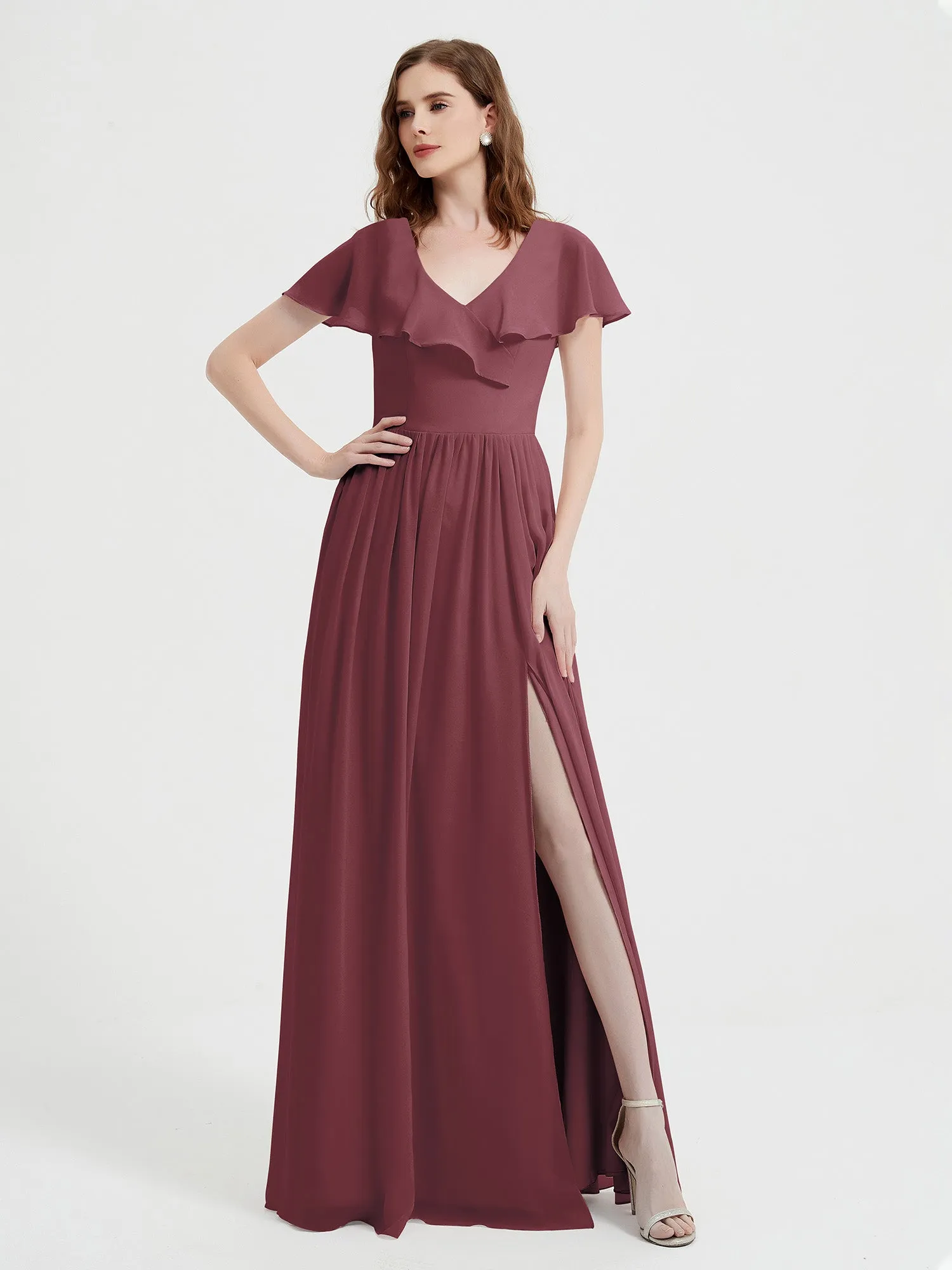 Cap Sleeves Long Chiffon Dresses with Slit-Mulberry Plus Size
