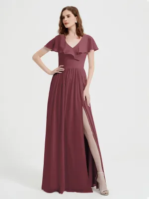 Cap Sleeves Long Chiffon Dresses with Slit-Mulberry Plus Size