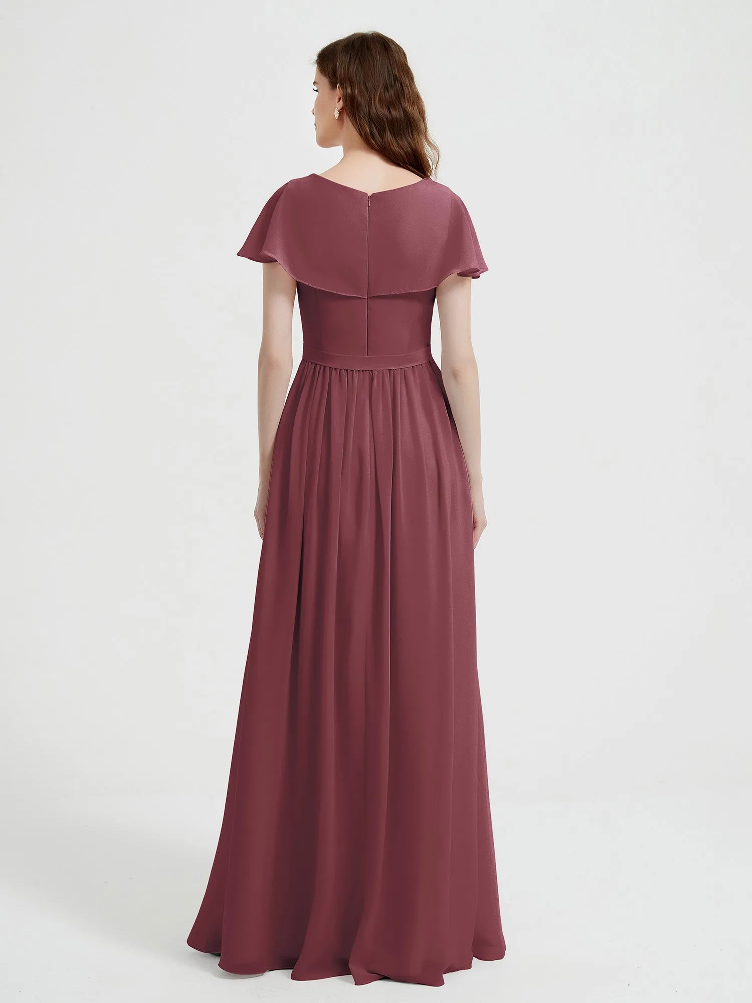 Cap Sleeves Long Chiffon Dresses with Slit-Mulberry Plus Size