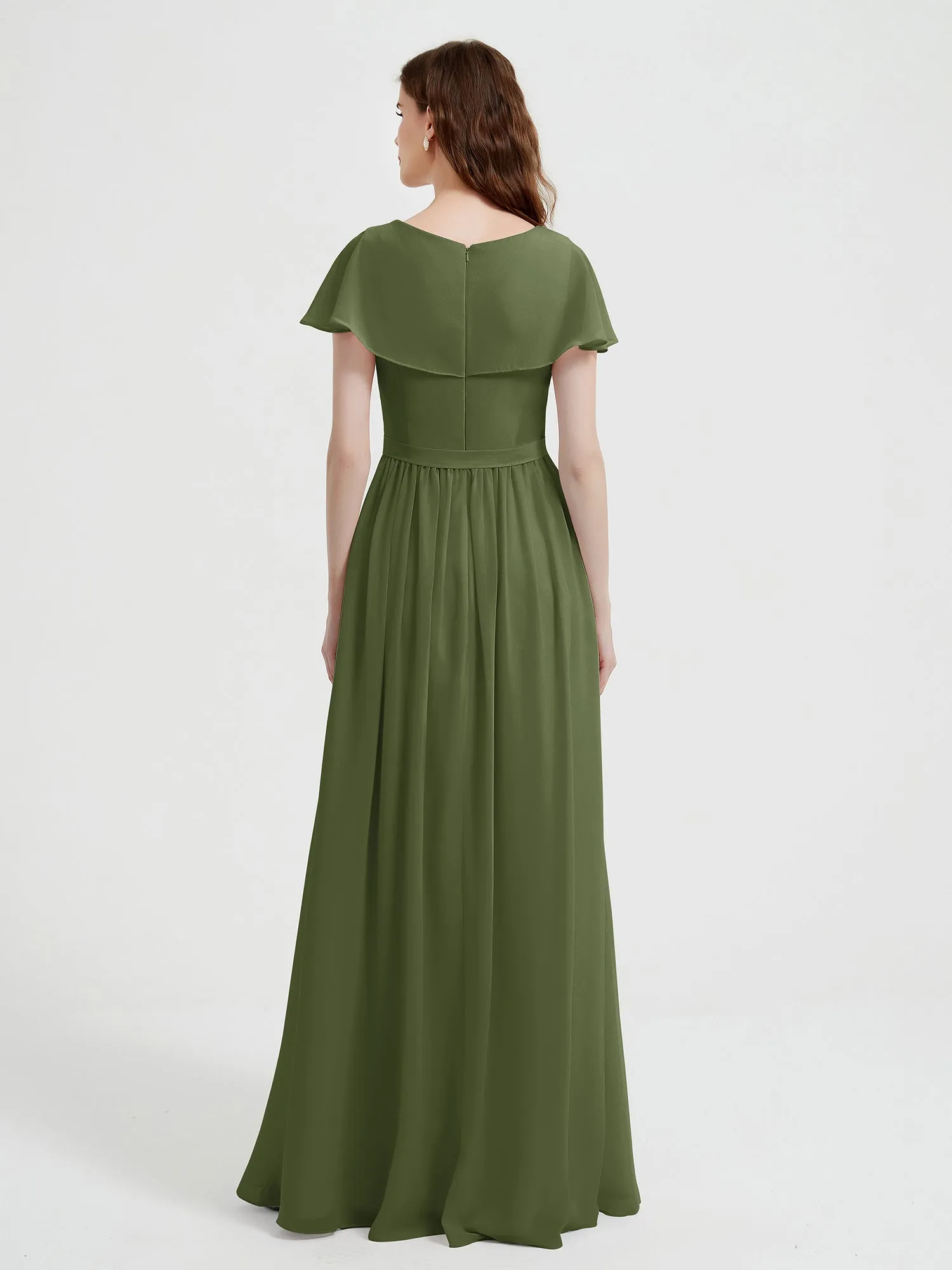 Cap Sleeves Long Chiffon Dresses with Slit-Olive Green