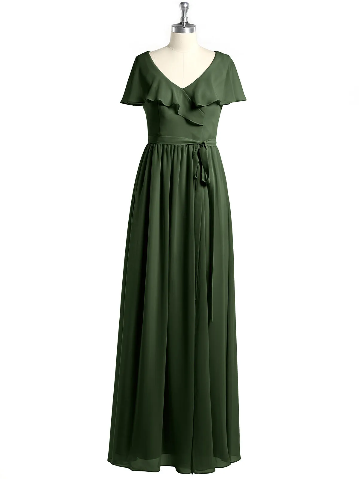 Cap Sleeves Long Chiffon Dresses with Slit-Olive Green
