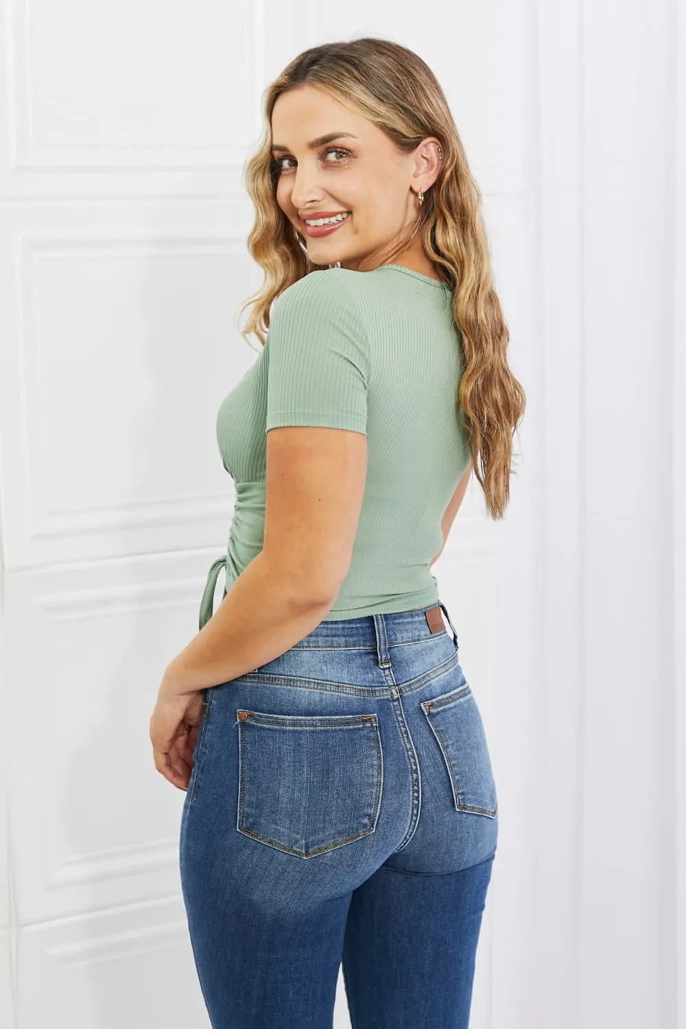 Capella Back To Simple Full Size Ribbed Front Scrunched Top in Green