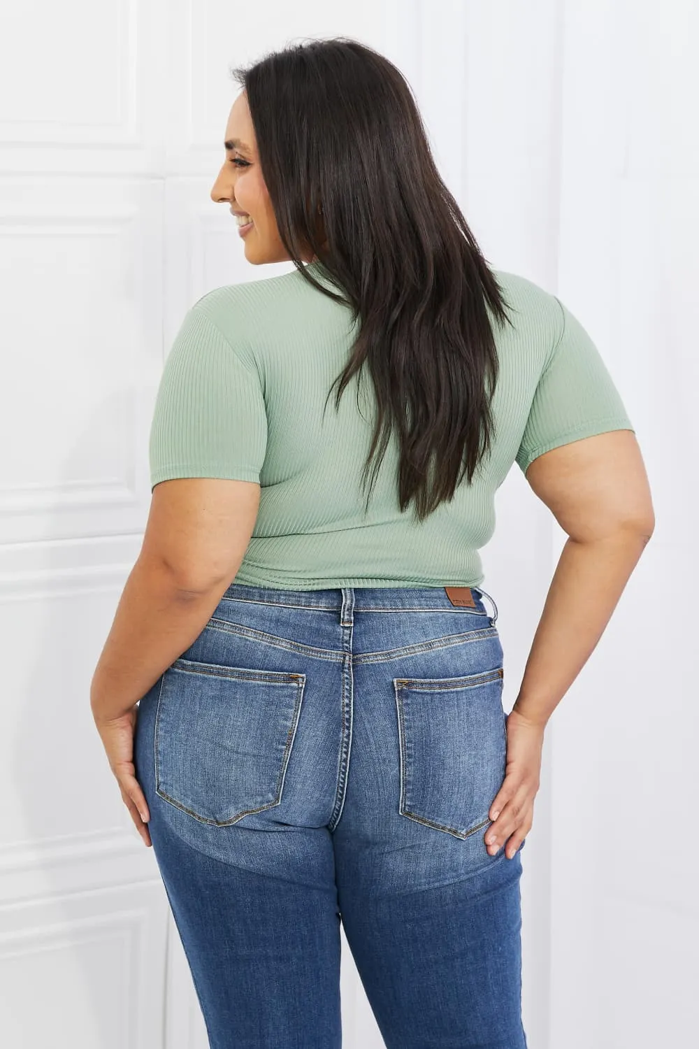 Capella Back To Simple Full Size Ribbed Front Scrunched Top in Green