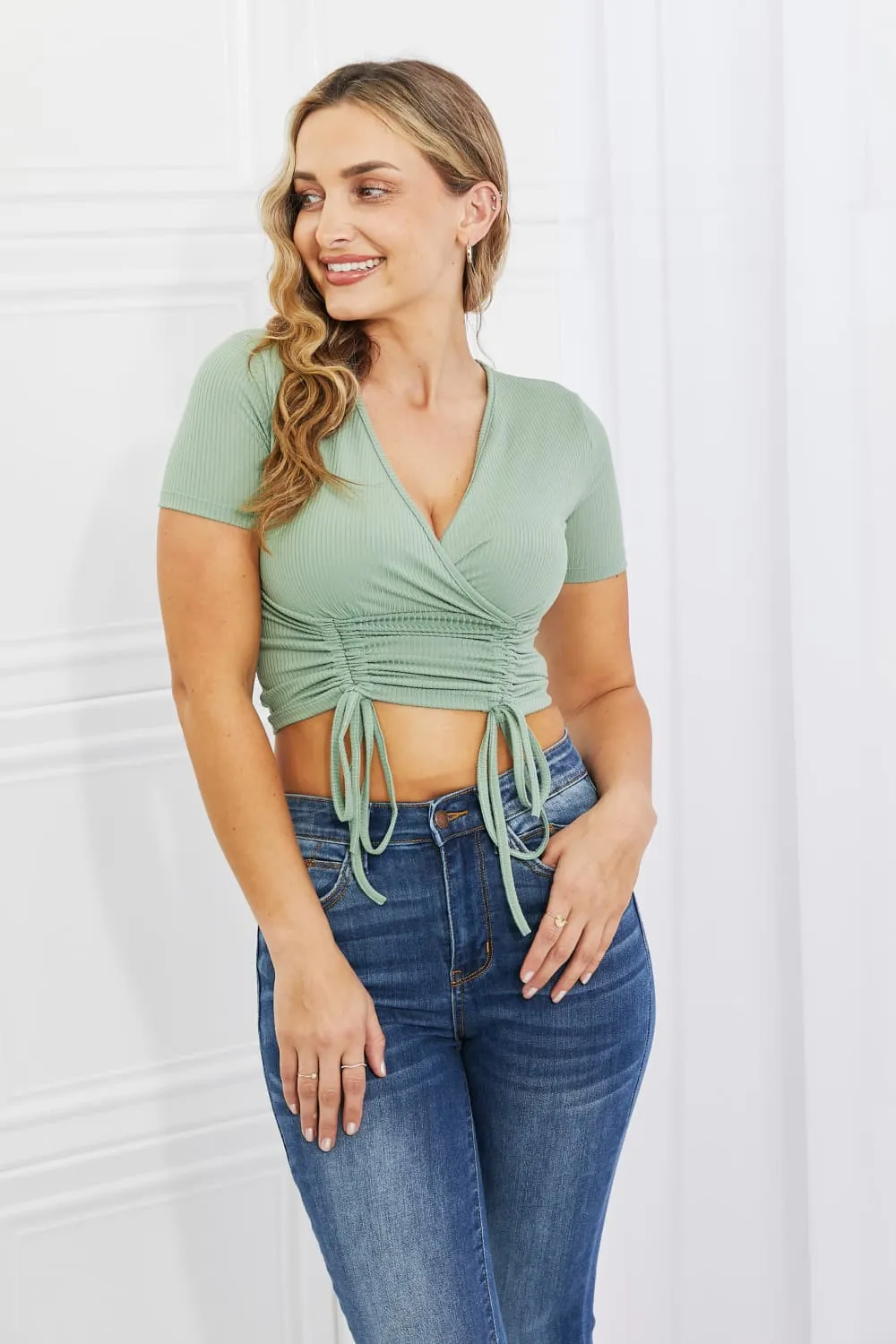 Capella Back To Simple Full Size Ribbed Front Scrunched Top in Green