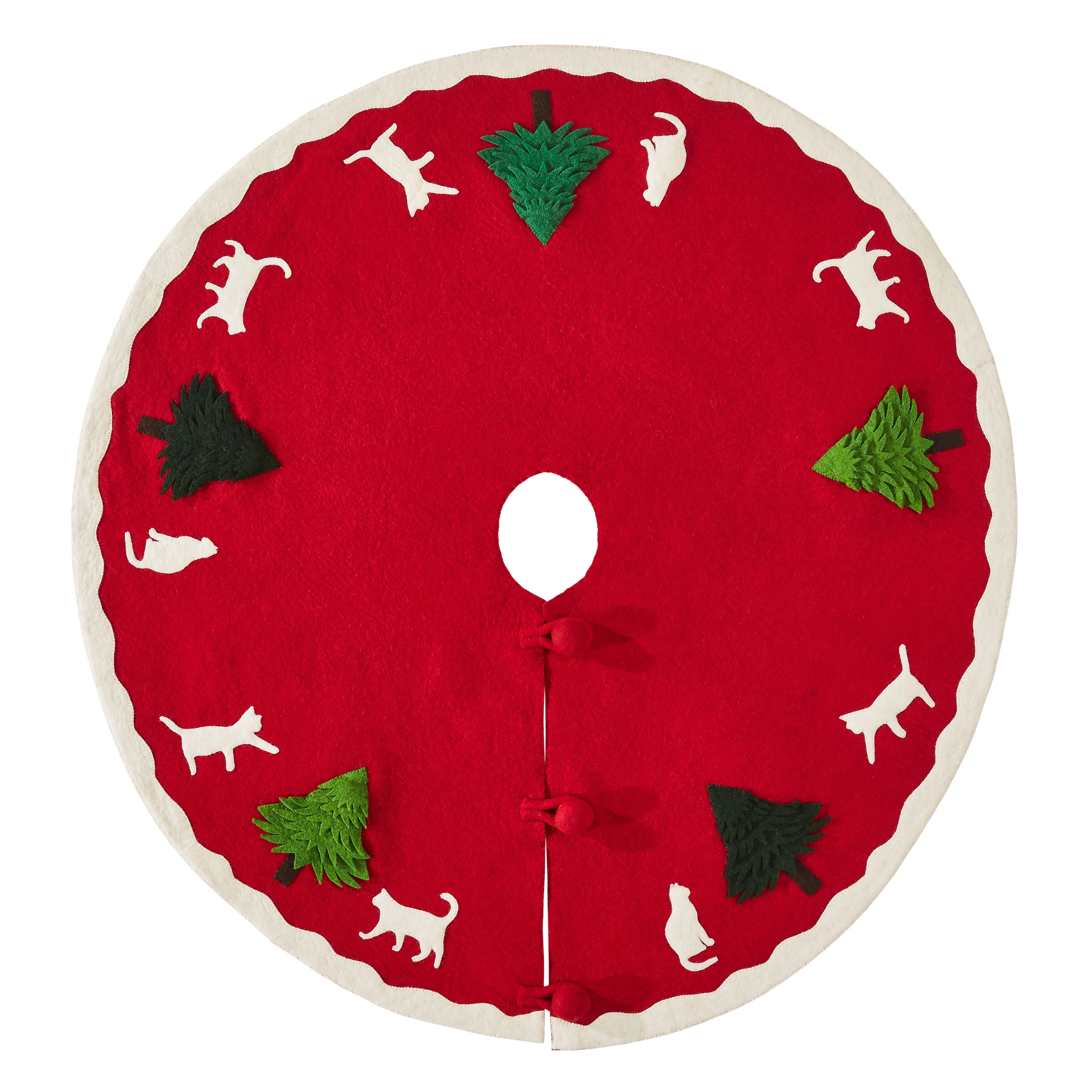 Cats & Green Trees Hand-Felted Christmas Tree Skirt - 60"