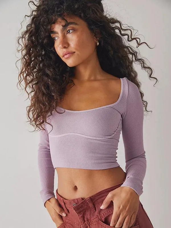 Chic French Stripe U-neck Long-sleeve Crop Top - Essential Women's Fashion with Elegance