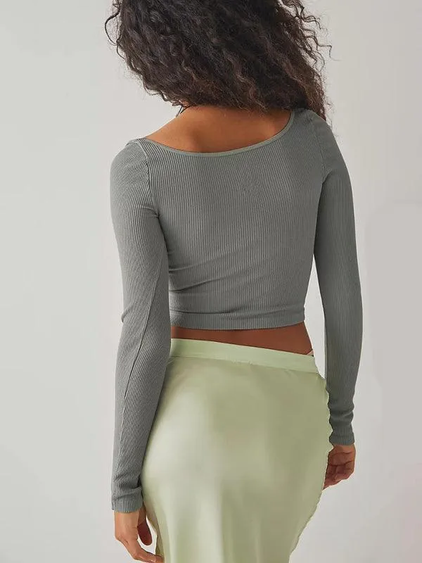 Chic French Stripe U-neck Long-sleeve Crop Top - Essential Women's Fashion with Elegance