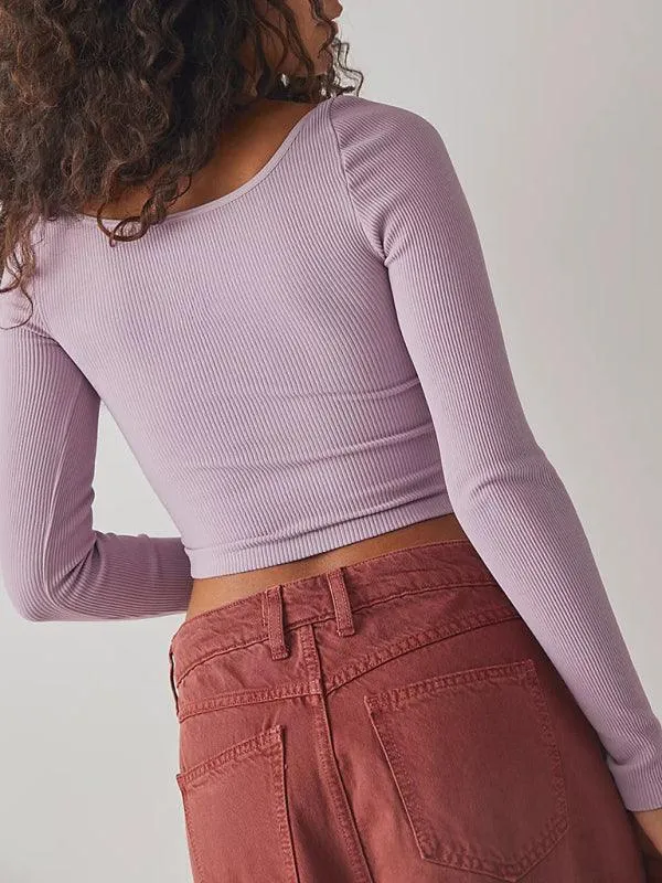 Chic French Stripe U-neck Long-sleeve Crop Top - Essential Women's Fashion with Elegance